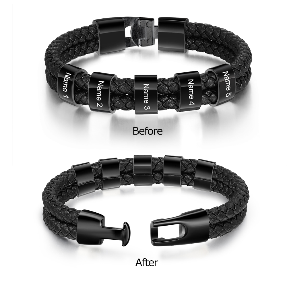 Customized  Braided Leather Bracelet Engraved 5 Names Men's Bracelet Gifts For Him