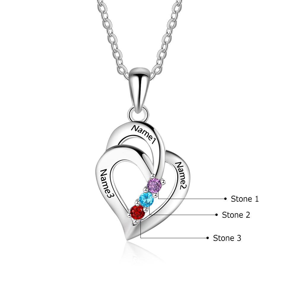Personalized Heart S925 Necklace With 3 Birthstones Engraved Names Gift For Her