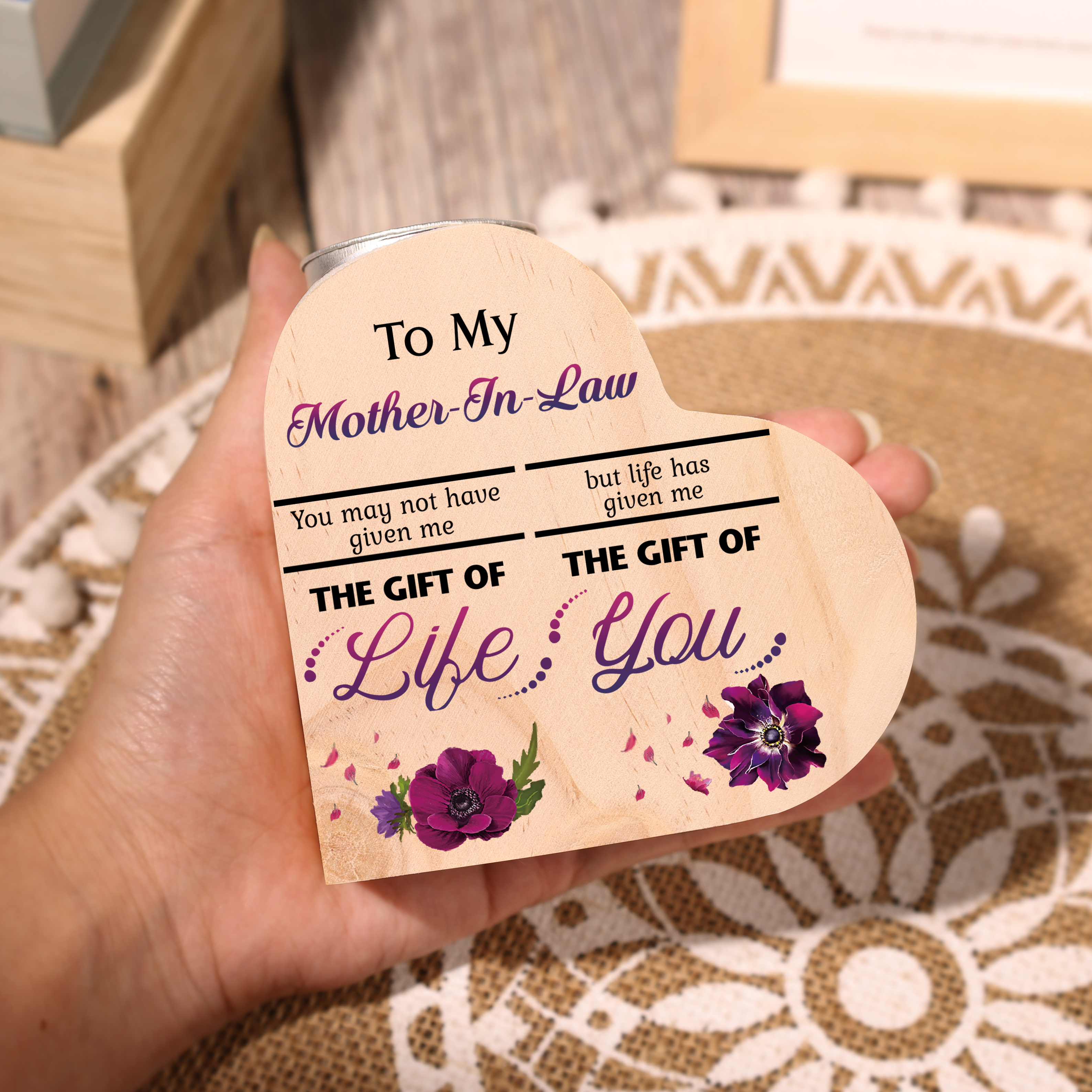 To My Mother-in-law Violet Flower Heart Candle Holder "Life Has Given Me The Gift of You" Wooden Candlestick