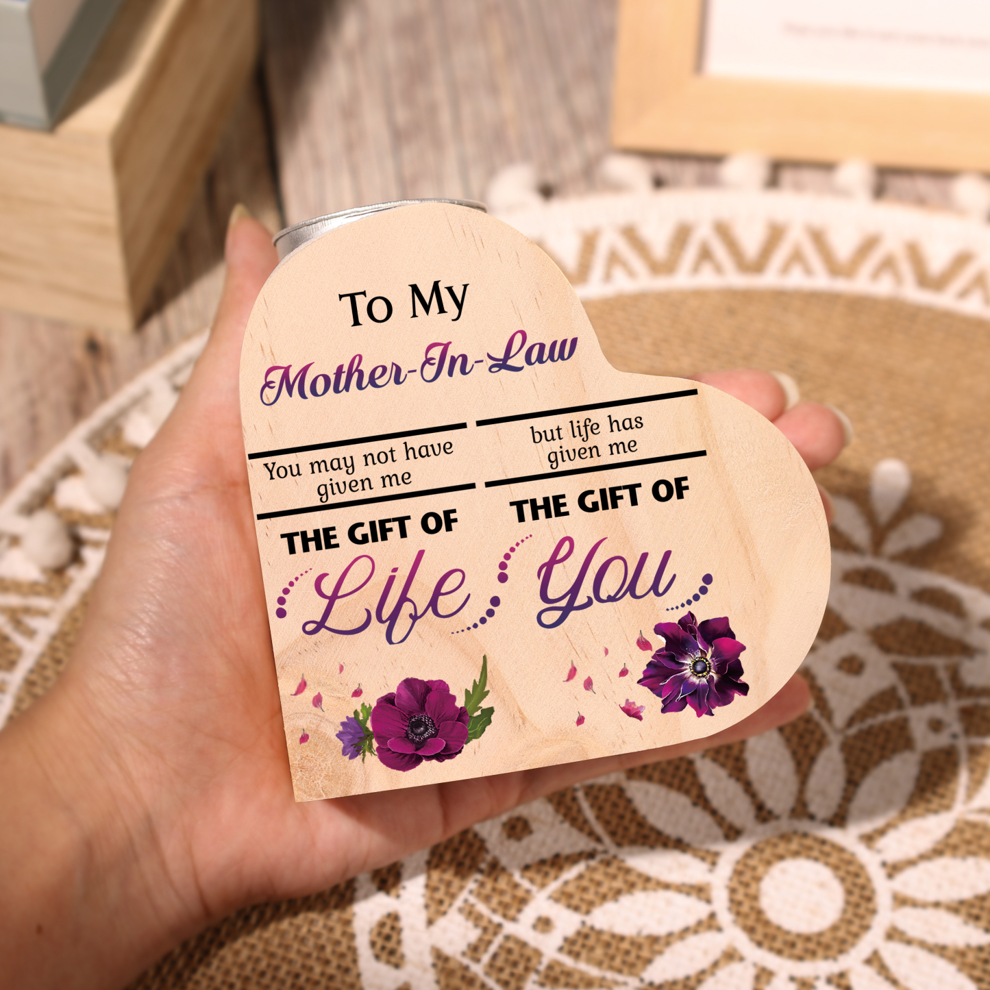 To My Mother-in-law Violet Flower Heart Candle Holder "Life Has Given Me The Gift of You" Wooden Candlestick