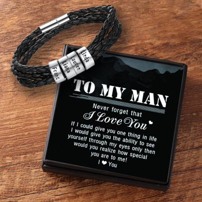 Braided Leather Personalised Name 4 Beads Men's Bracelets Gifts For Him Best Gift For Dad