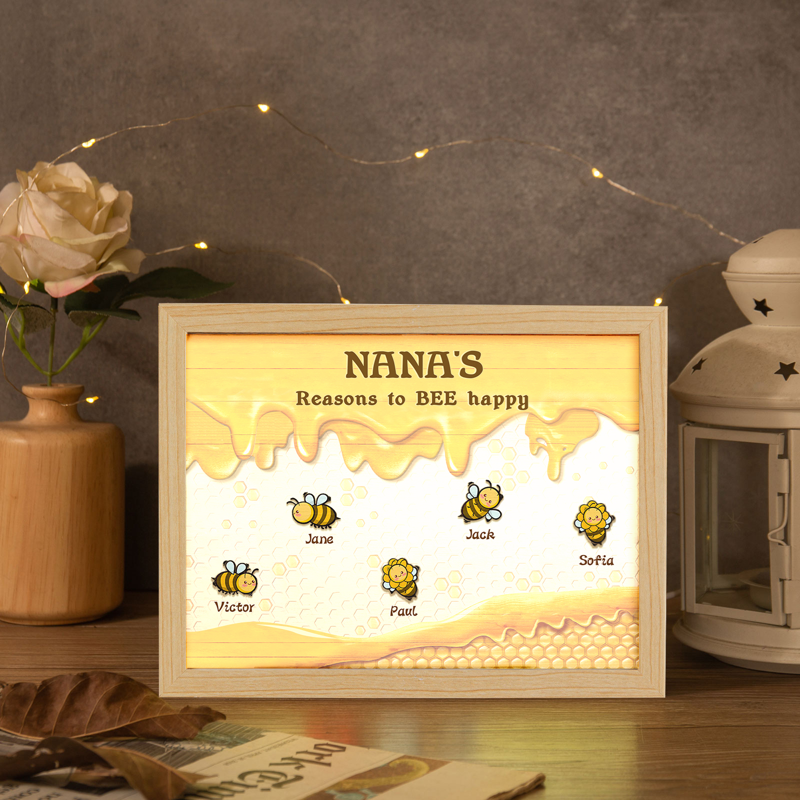 5 Names-Personalized Family Color Or Black And White Frame Custom 5 Names And Text LED Night Light