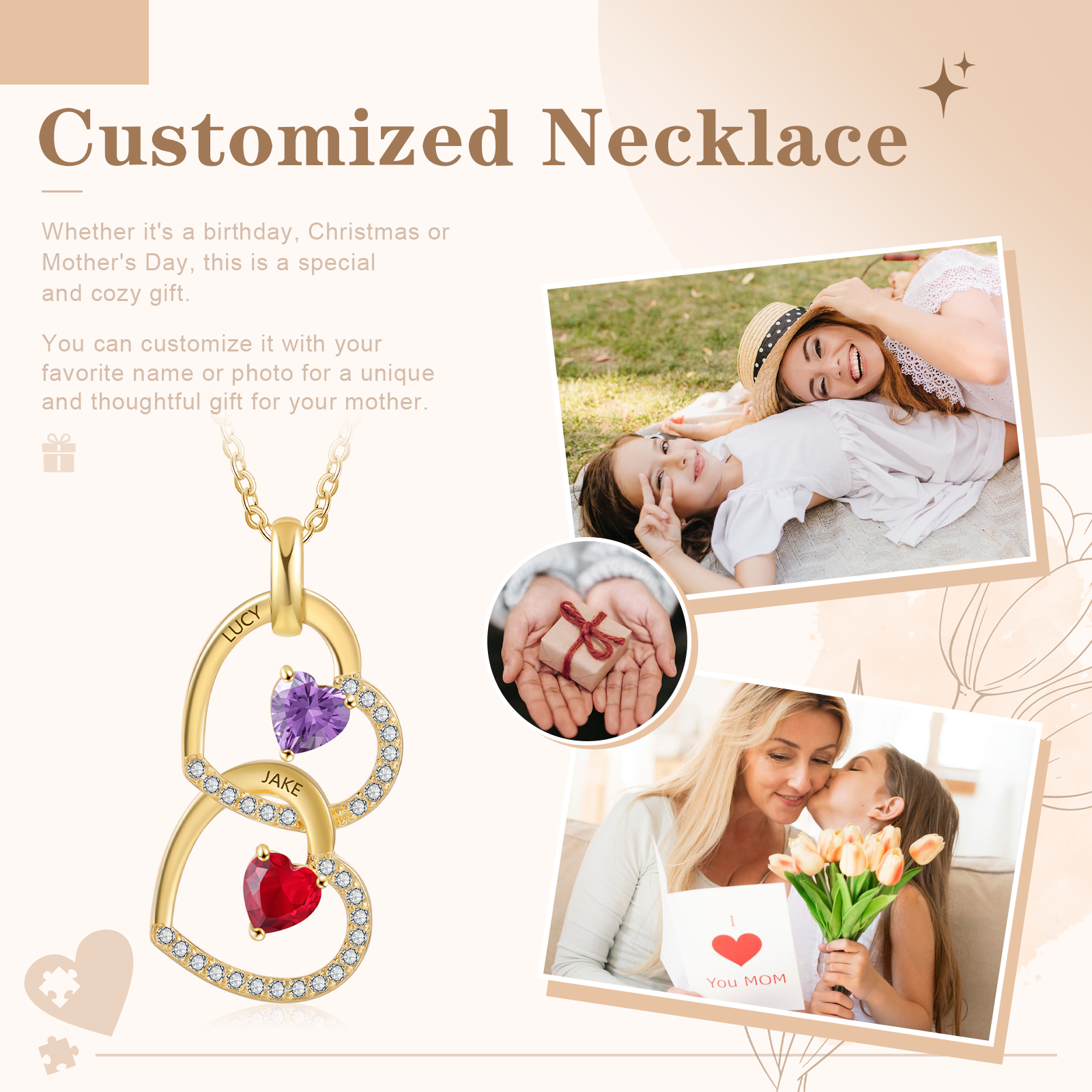 2 Names-Personalized Hearts Necklace Custom Birthstone Necklace Gifts for Mom