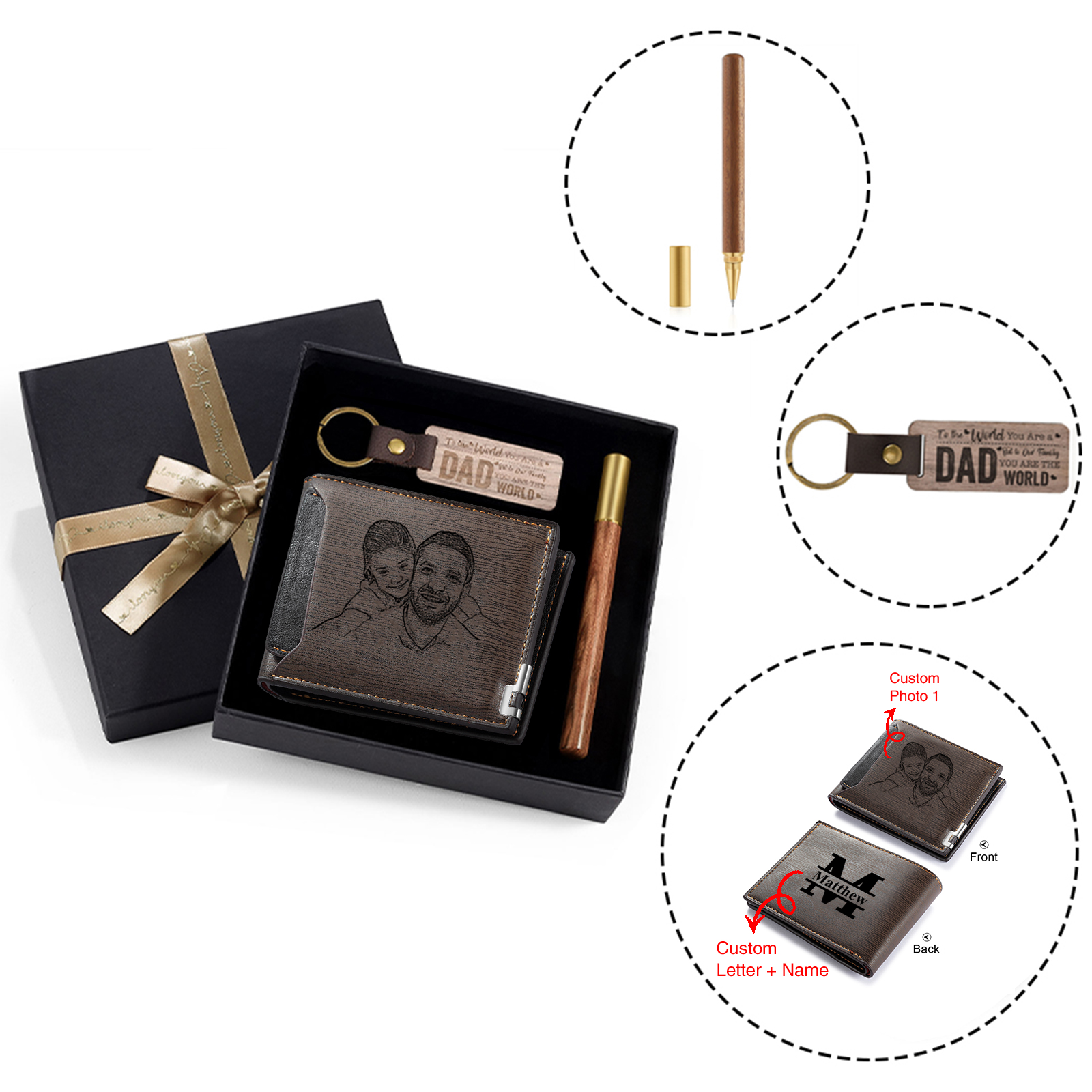 Photo Personalized Leather Wallet Gift Box Set with Keychain Customizable Letter Name Wallet Gift for Dad