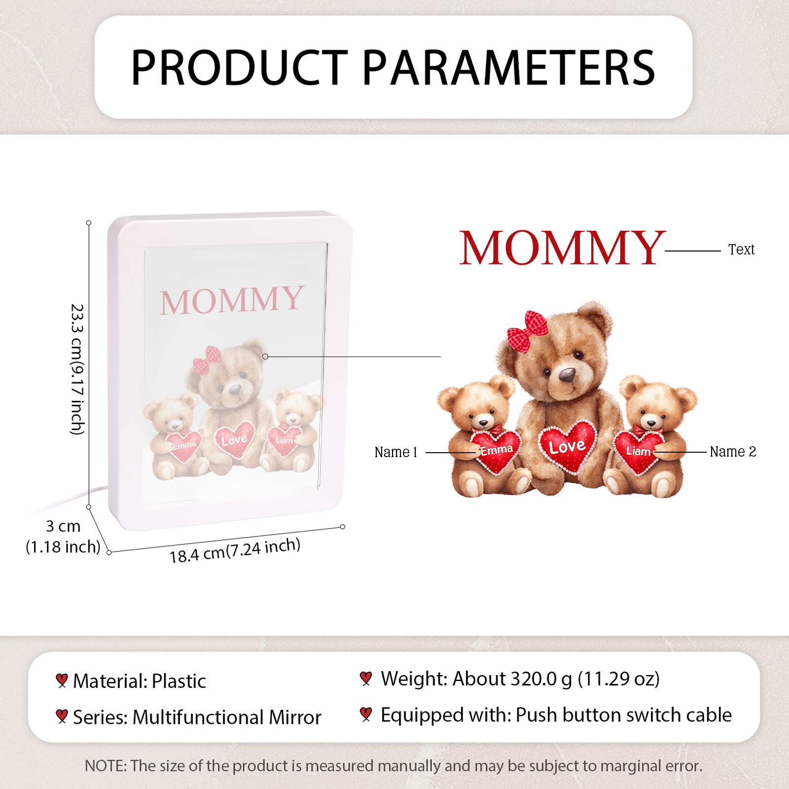 2 Names - Personalized Mum Home Bear Style Custom Text LED Night Light Gift for Mom