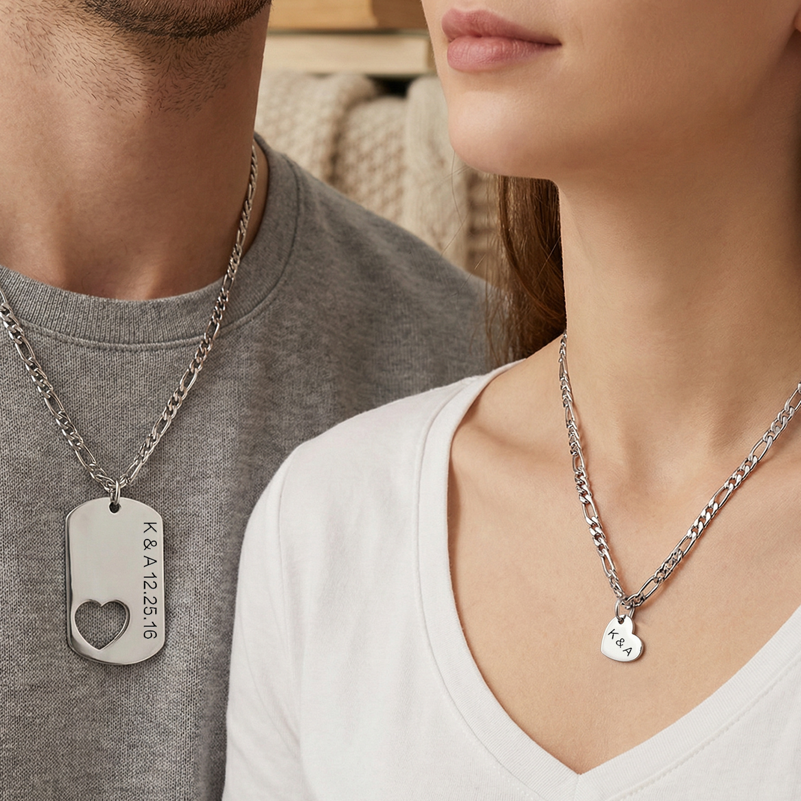 Personalized Heart Cut-Out Couple Necklace Set