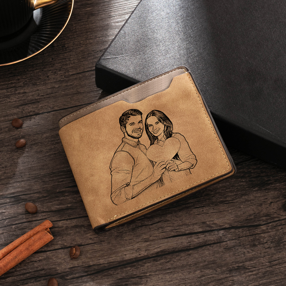 Brown Personalized Leather Wallet Engraved Photo Short Purse Folding Wallet Gifts For Men