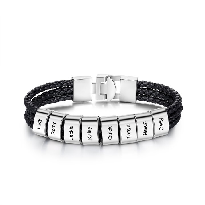 Personalized Braided Leather Bracelet Engraved 8 Names Men's Bracelet Gifts For Him