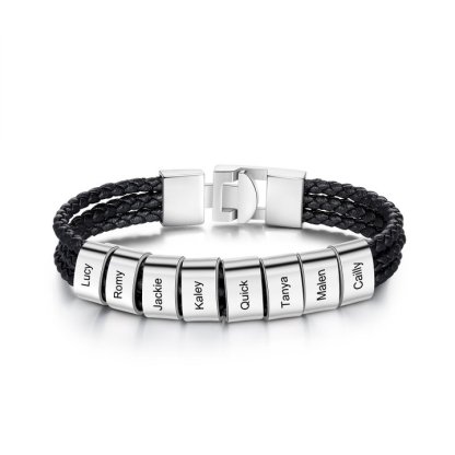 Personalized Braided Leather Bracelet Engraved 8 Names Men's Bracelet Gifts For Him