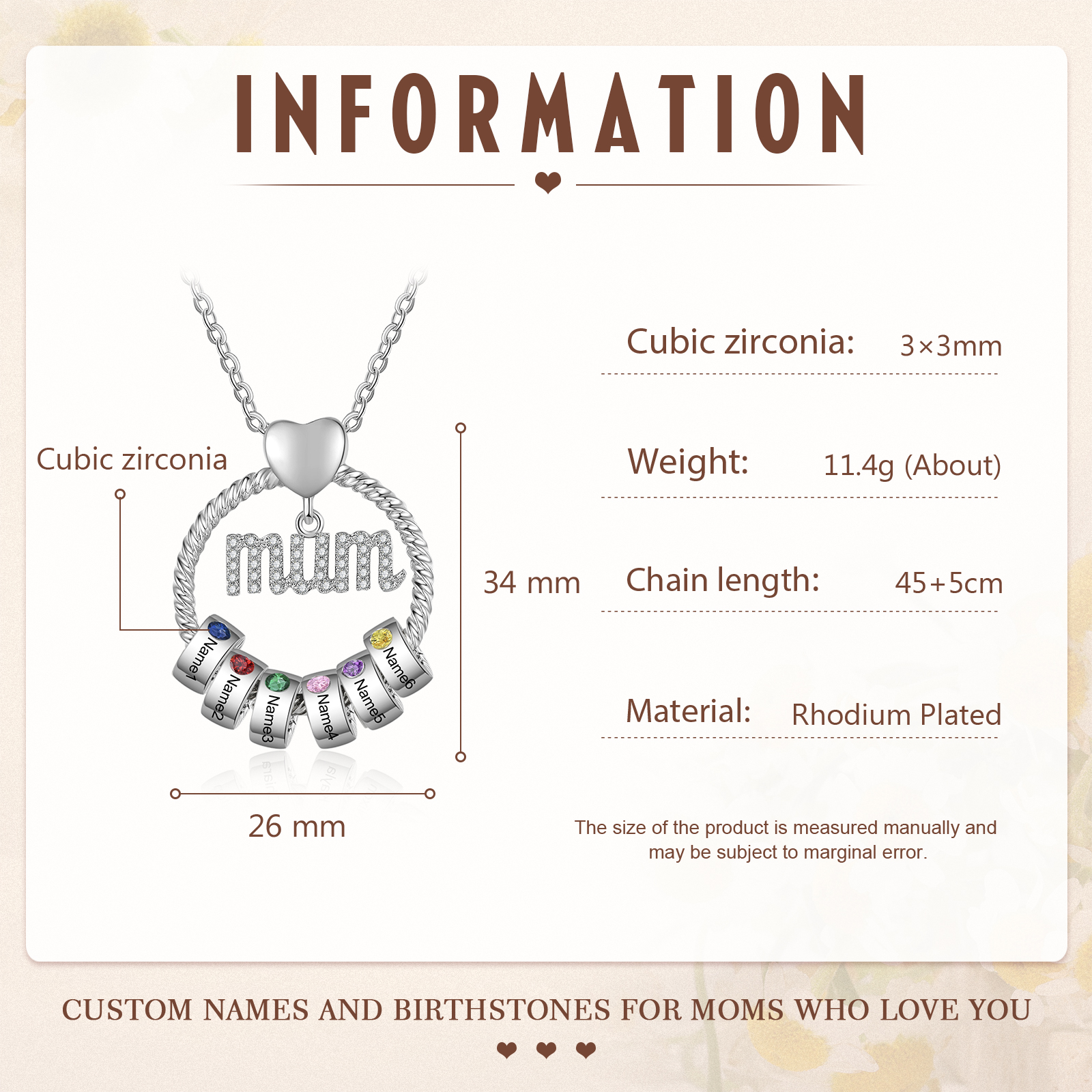 Personalized Circle Necklace With 6 Birthstones Pendant Engraved Names Gift For Mum