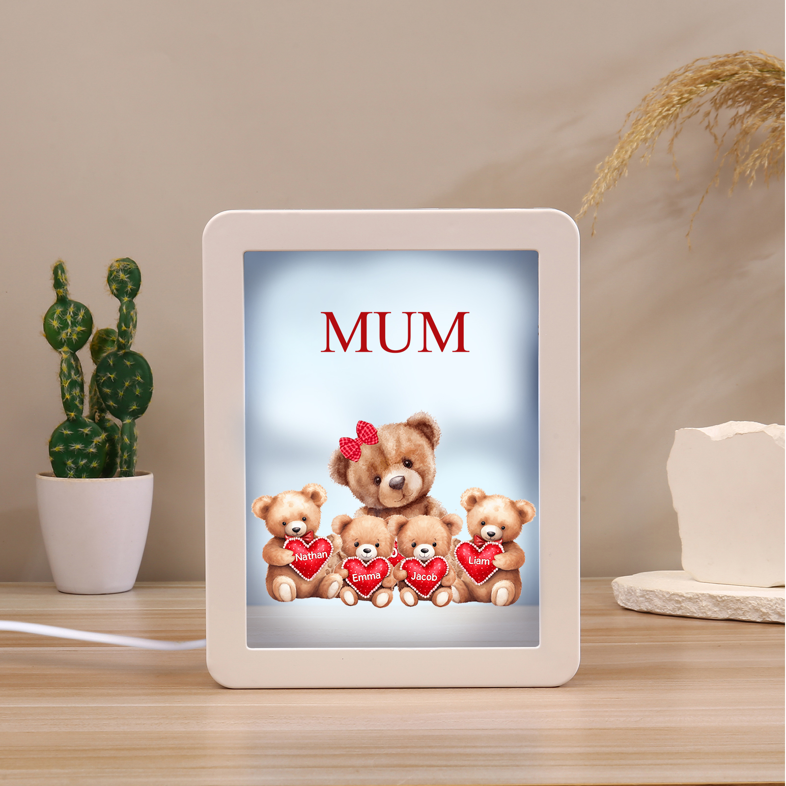 4 Names - Personalized Mum Home Bear Style Custom Text LED Night Light Gift for Mom