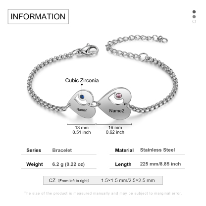 Personalized Heart Bracelet with Birthstones Custom 2 Names Family Bracelet Gifts for Her