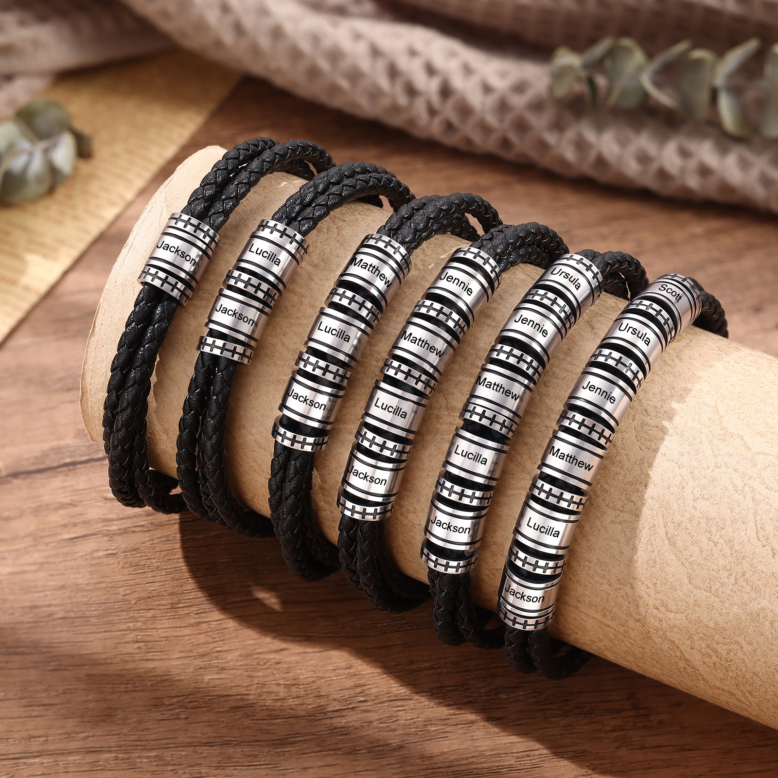 Personalized Men’s Braided Leather Bracelet Engraved Beads with 1 to 6 Names