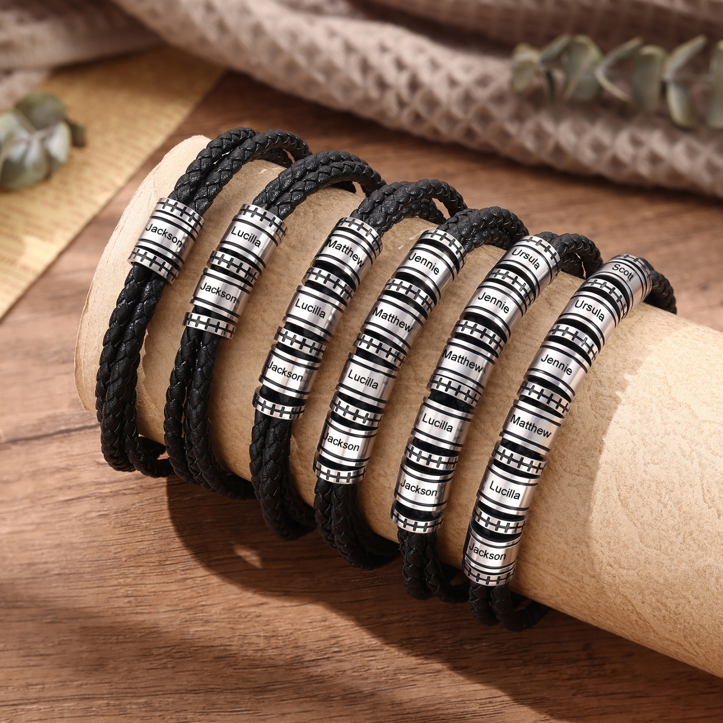 Personalized Men’s Braided Leather Bracelet Engraved Beads with 1 to 6 Names