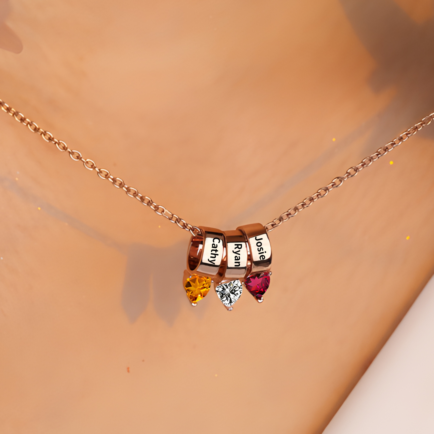 3 Names - Personalized Link Pendant Necklace with Customized Name and Birthstone Gift for Her