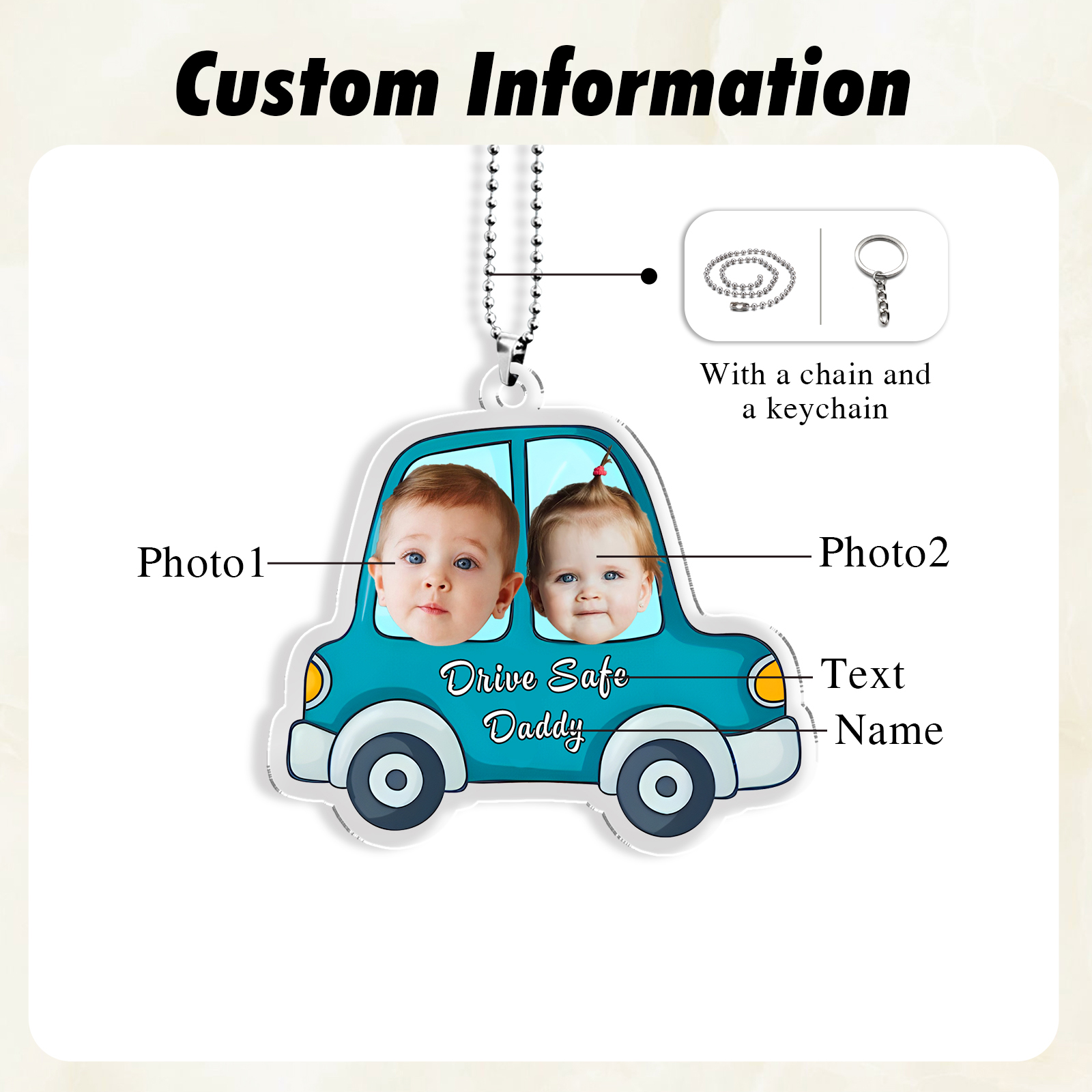 Acrylic Keychain/Decoration Personalized 2 Photos, Name And Text Driving Pattern Pendant For Dad