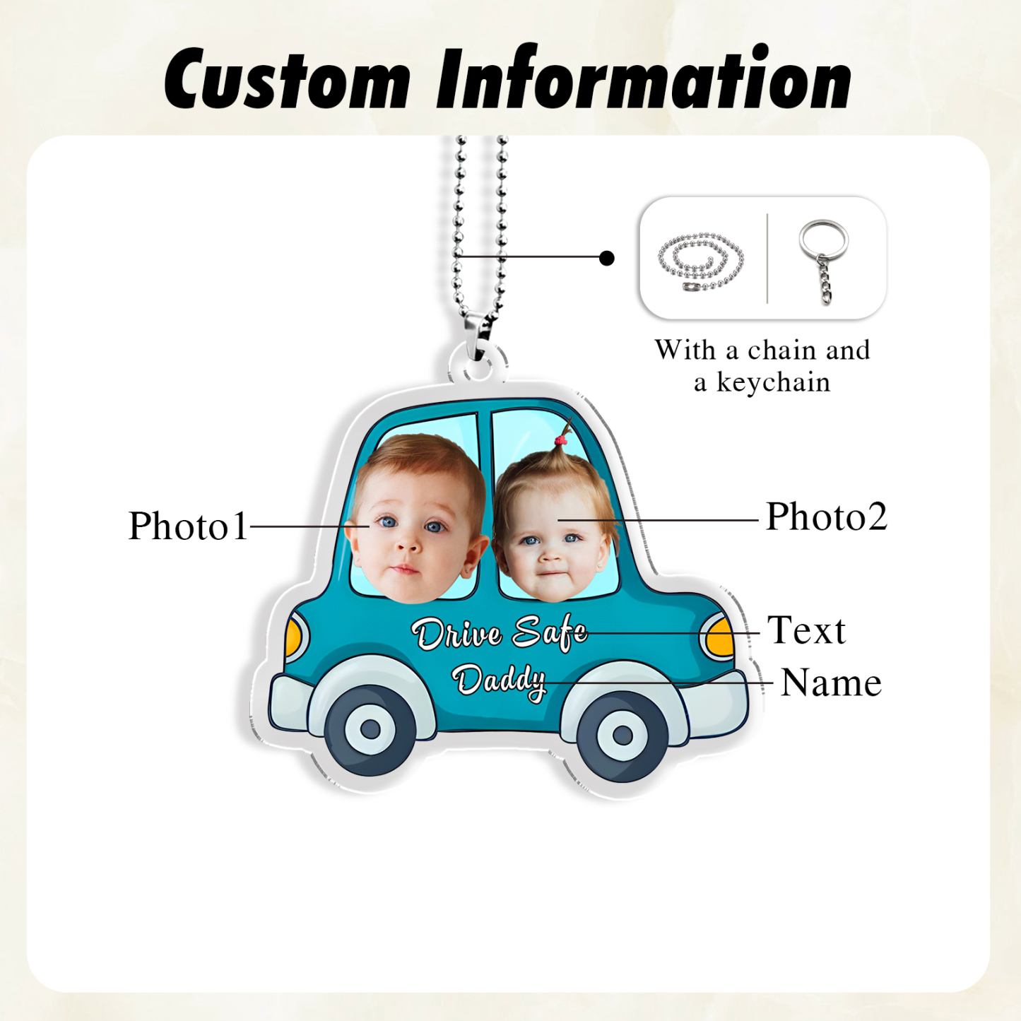 Acrylic Keychain/Decoration Personalized 2 Photos, Name And Text Driving Pattern Pendant For Dad