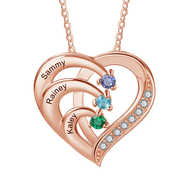 Personalized Mother Necklace 3 Stones Engraved 3 Names Birthstone Intertwined Heart Pendant Gifts for Her