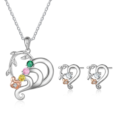 Personalized Rose Flower Heart Necklace With 3 Birthstones And Earring Custom Names Necklace For Her