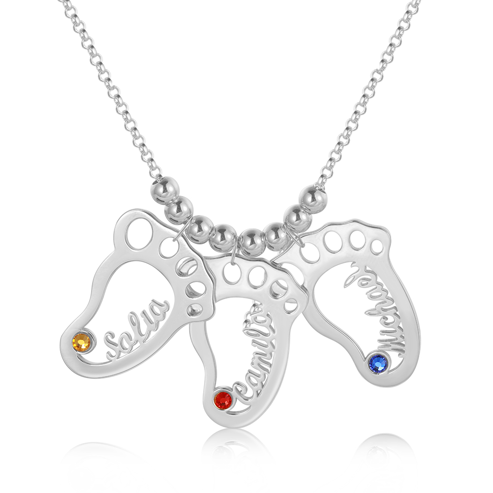 Personalized Baby Foot Engraved Names 3 Birthstones Necklace For Women Gift For Mother