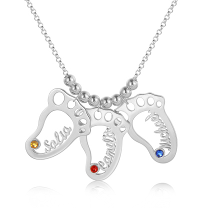 Personalized Baby Foot Engraved Names 3 Birthstones Necklace For Women Gift For Mother