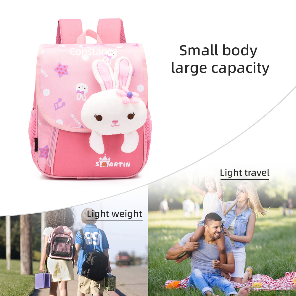 Personalized Pink Bunny Children School Bag Embroidery Name Black Backpack, Customized Schoolbag Travel Bag For Kids