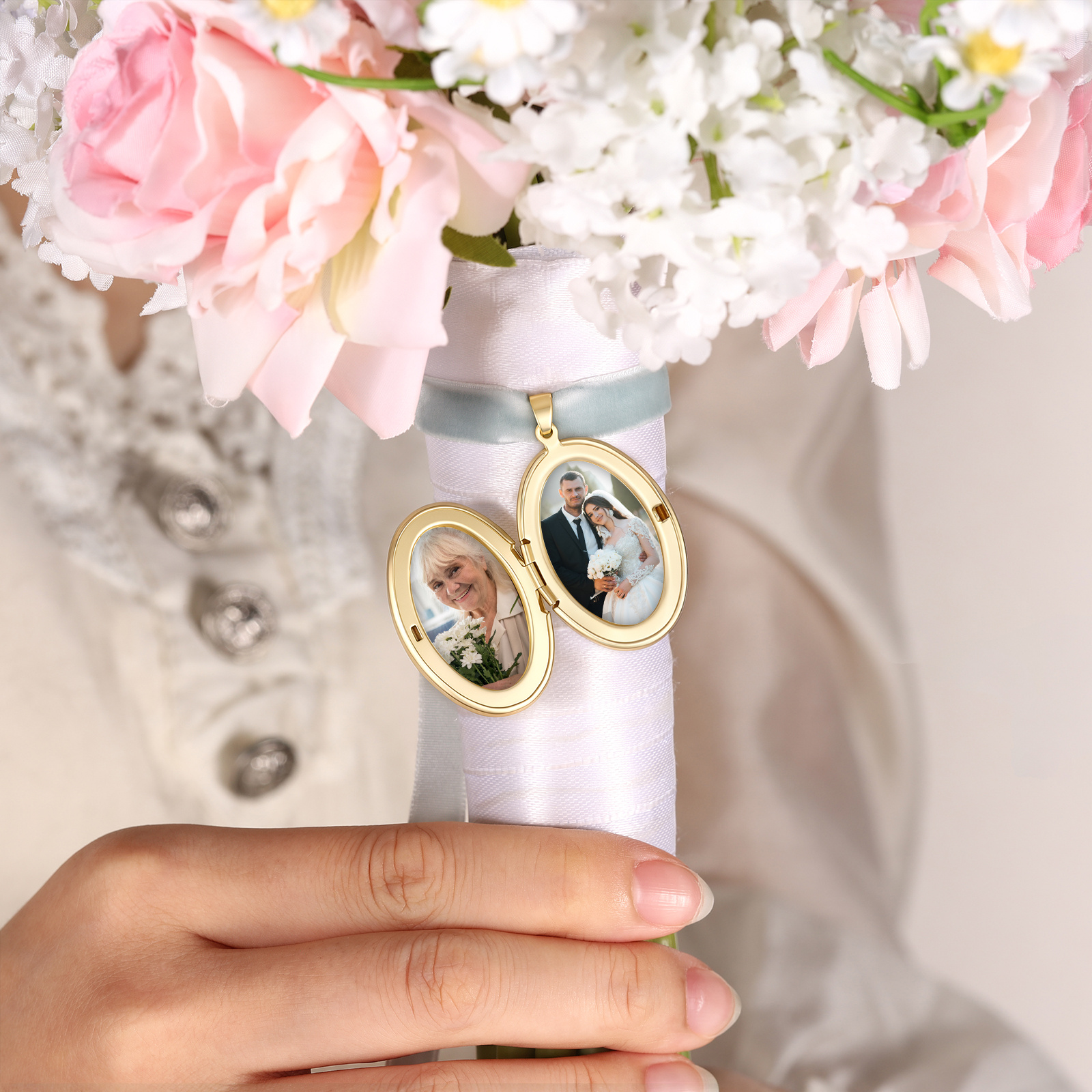 Personalized Photo Bridal Bouquet Charm with Birth Flower and Ribbon Memorial Wedding Keepsake