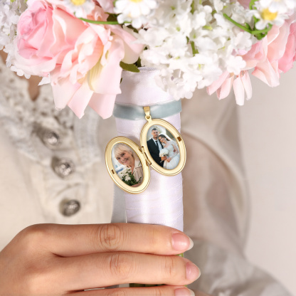 Personalized Photo Bridal Bouquet Charm with Birth Flower and Ribbon Memorial Wedding Keepsake
