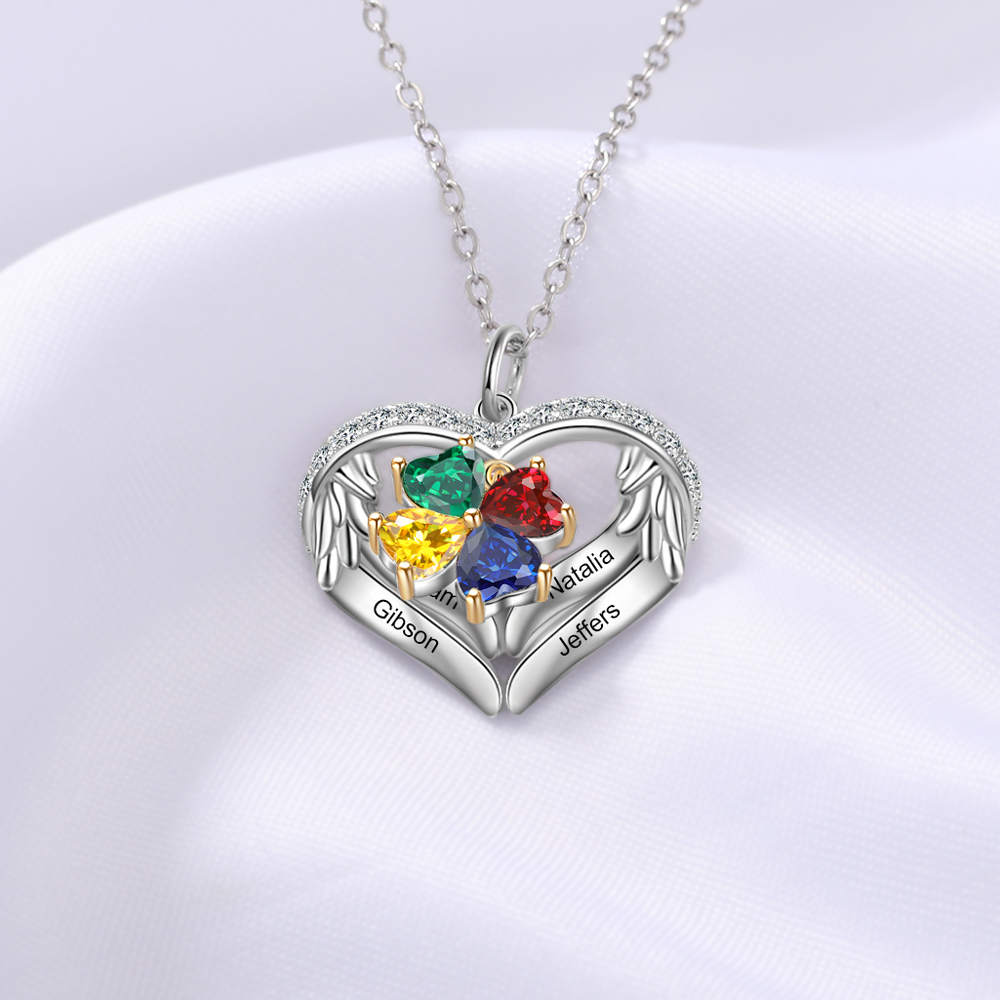 Personalized Wings S925 Silver Necklace With 4 Heart Birthstones Engraved Names Gift For Women