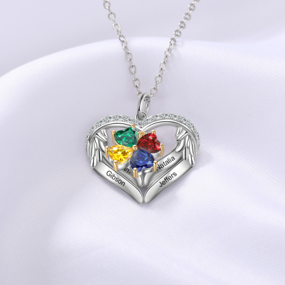 Personalized Wings S925 Silver Necklace With 4 Heart Birthstones Engraved Names Gift For Women