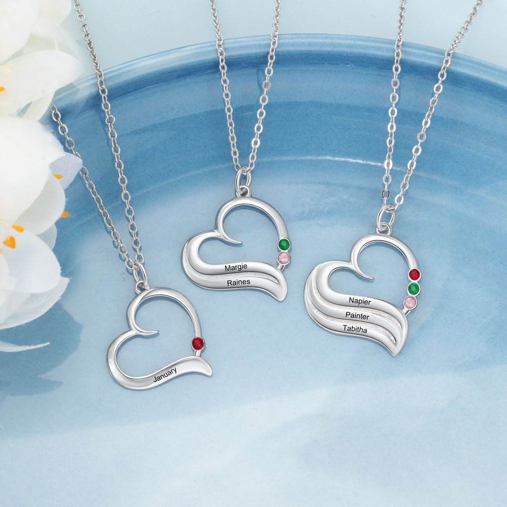 3 Names-Personalized Special Heart Necklace with Birthstone and Name for Her
