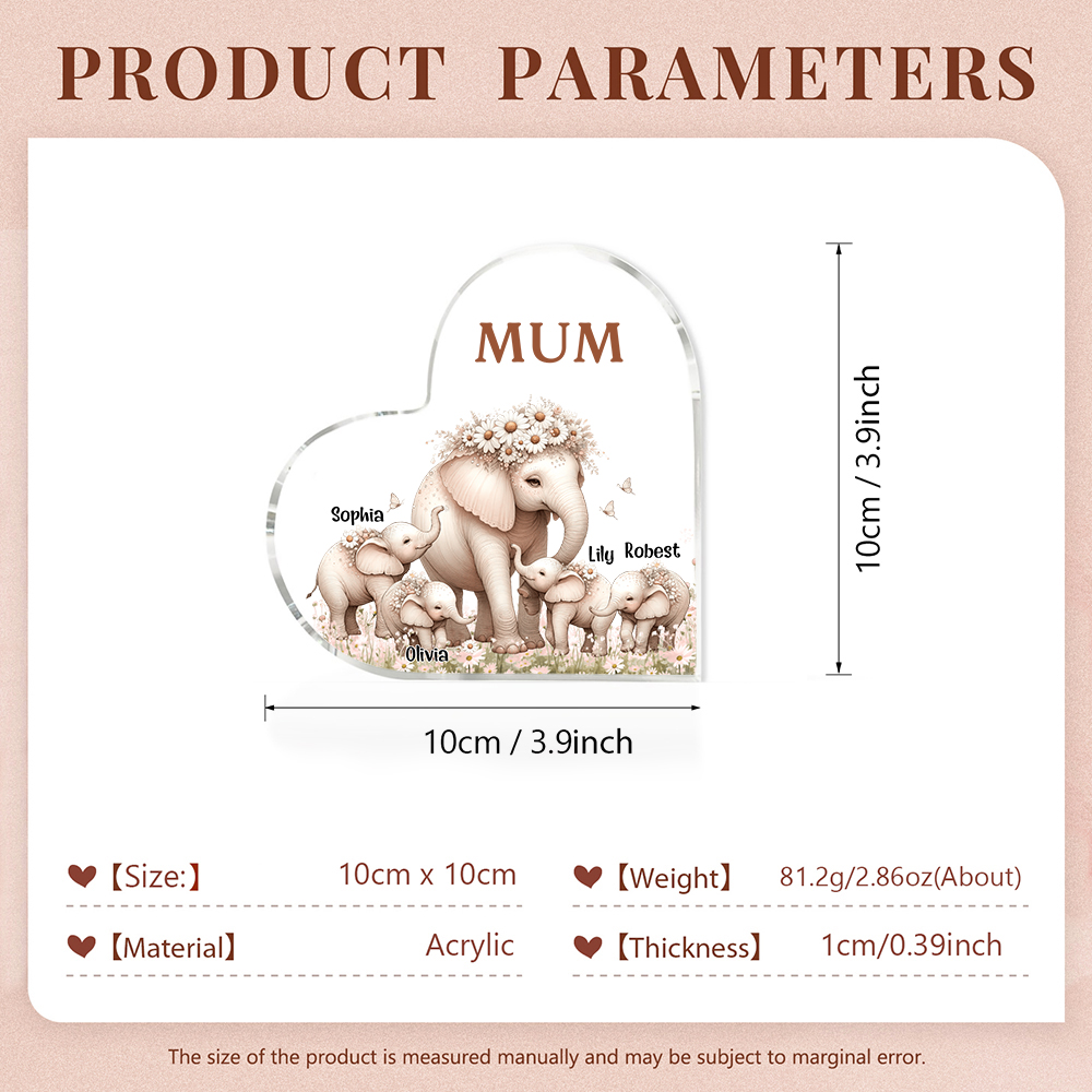 4 Names-Personalized Elephant Acrylic Heart Keepsake Custom Text Acrylic Plaque Ornaments Gifts for Mom