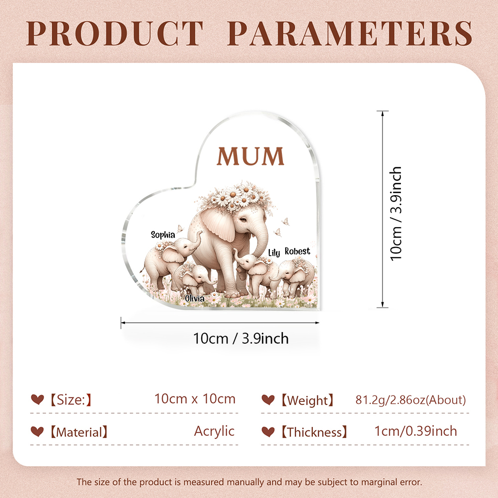 4 Names-Personalized Elephant Acrylic Heart Keepsake Custom Text Acrylic Plaque Ornaments Gifts for Mom