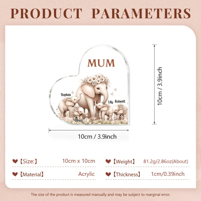 4 Names-Personalized Elephant Acrylic Heart Keepsake Custom Text Acrylic Plaque Ornaments Gifts for Mom