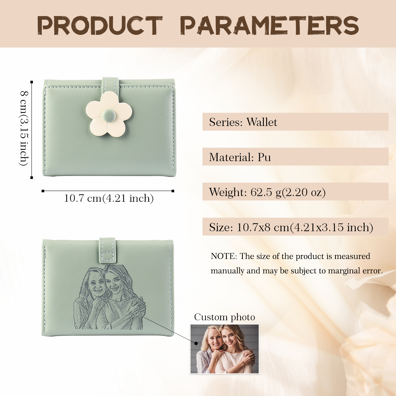 Women's Personalized Photo PU Leather Flower Wallet Coin Purse Four Colors Available Gift for Her