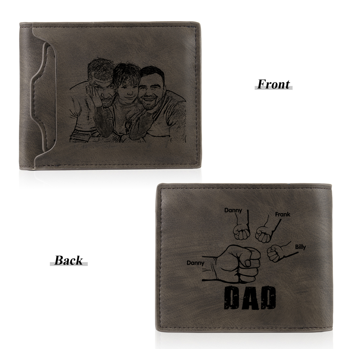 4 Names - Personalized Photo Custom Leather Men's Folding Wallet as a Father's Day Gift for Dad