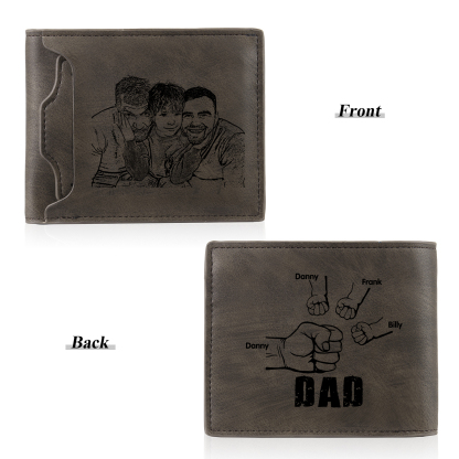 4 Names - Personalized Photo Custom Leather Men's Folding Wallet as a Father's Day Gift for Dad