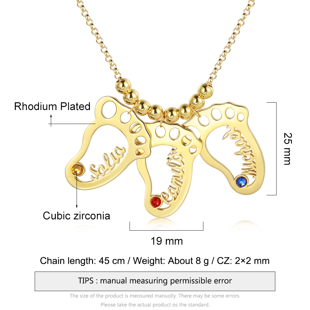 Personalized Baby Foot Engraved Names 3 Birthstones Necklace For Women Gift For Mother