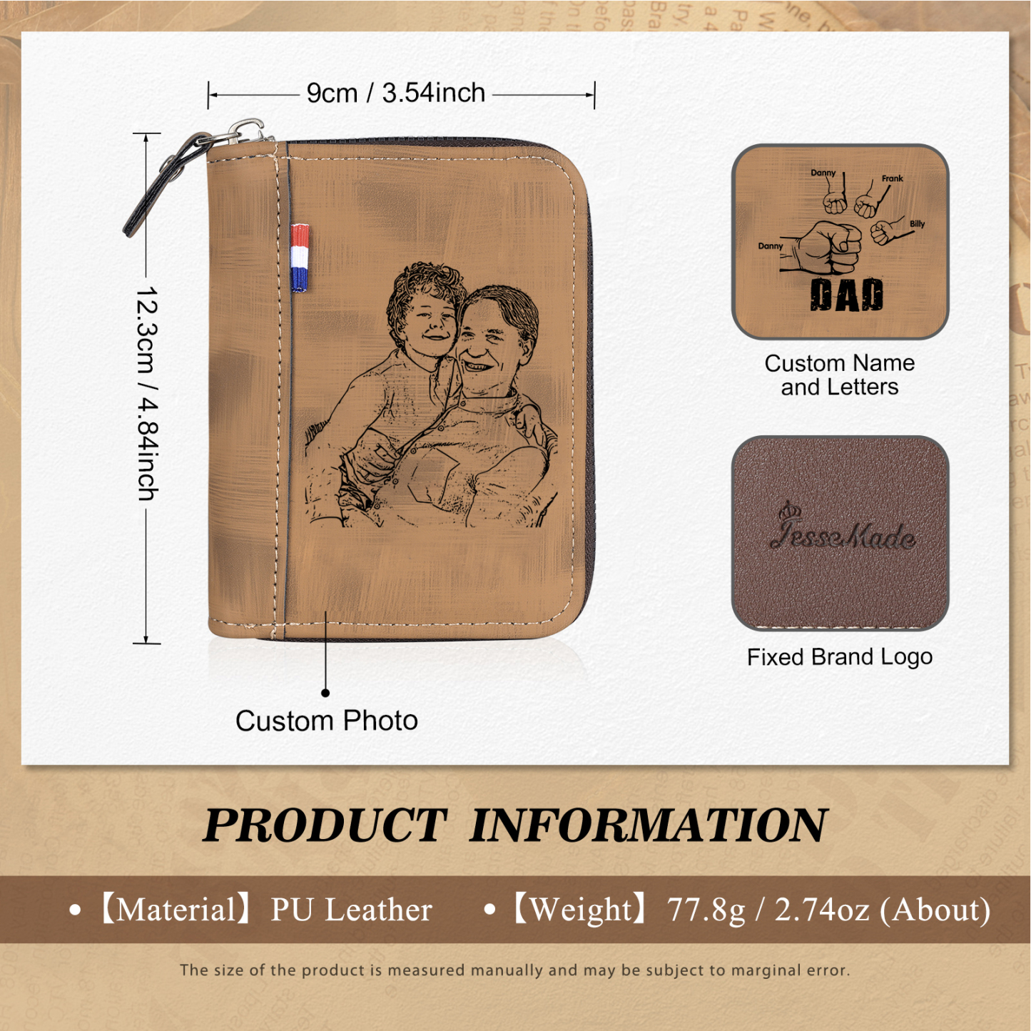 4 Names - Personalized Photo Text Custom Leather Men's Wallet Custom Name Zipper Wallet for Dad