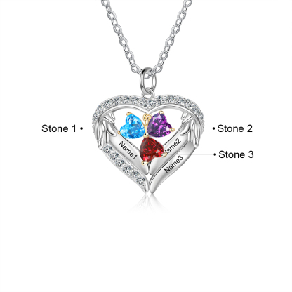 Personalized Wings S925 Silver Necklace With 3 Heart Birthstones Engraved Names Gift For Women