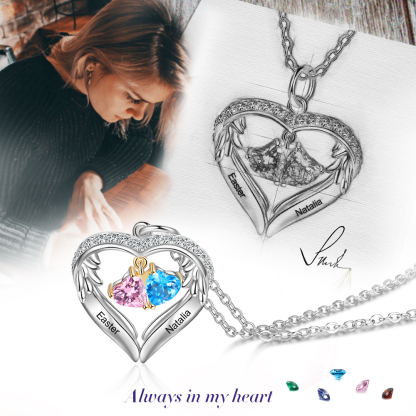 Personalized Wings S925 Silver Necklace With 2 Heart Birthstones Engraved Names Gift For Women