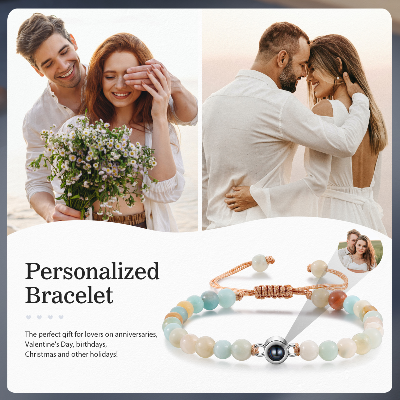 Personalized Couple Projection Beaded Bracelet Customized Photo Bracelet Adjustable Bracelet Personalized Gift