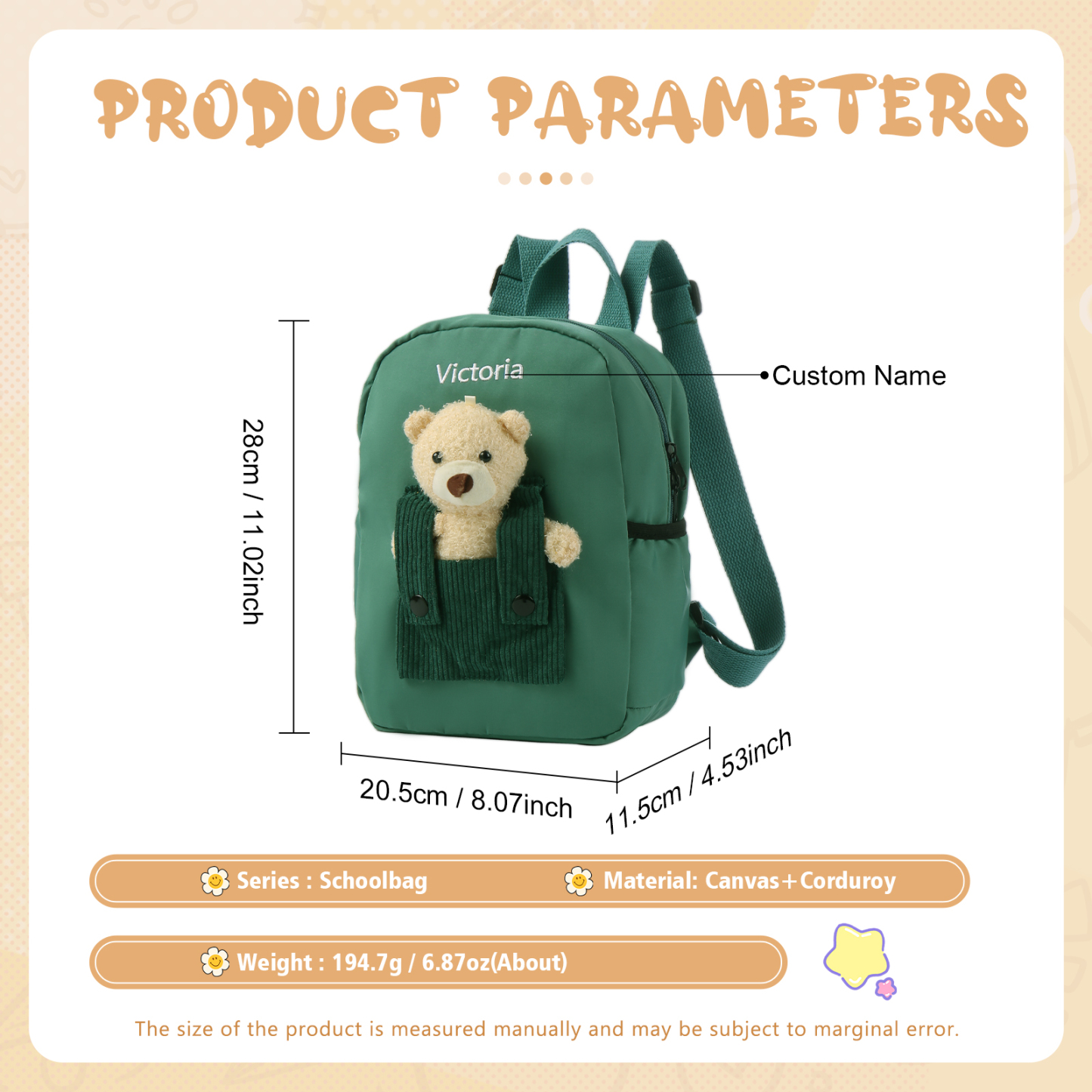 Personalized Bear Style School Bag Customized Name Canvas Kids Backpack Back to School Gift