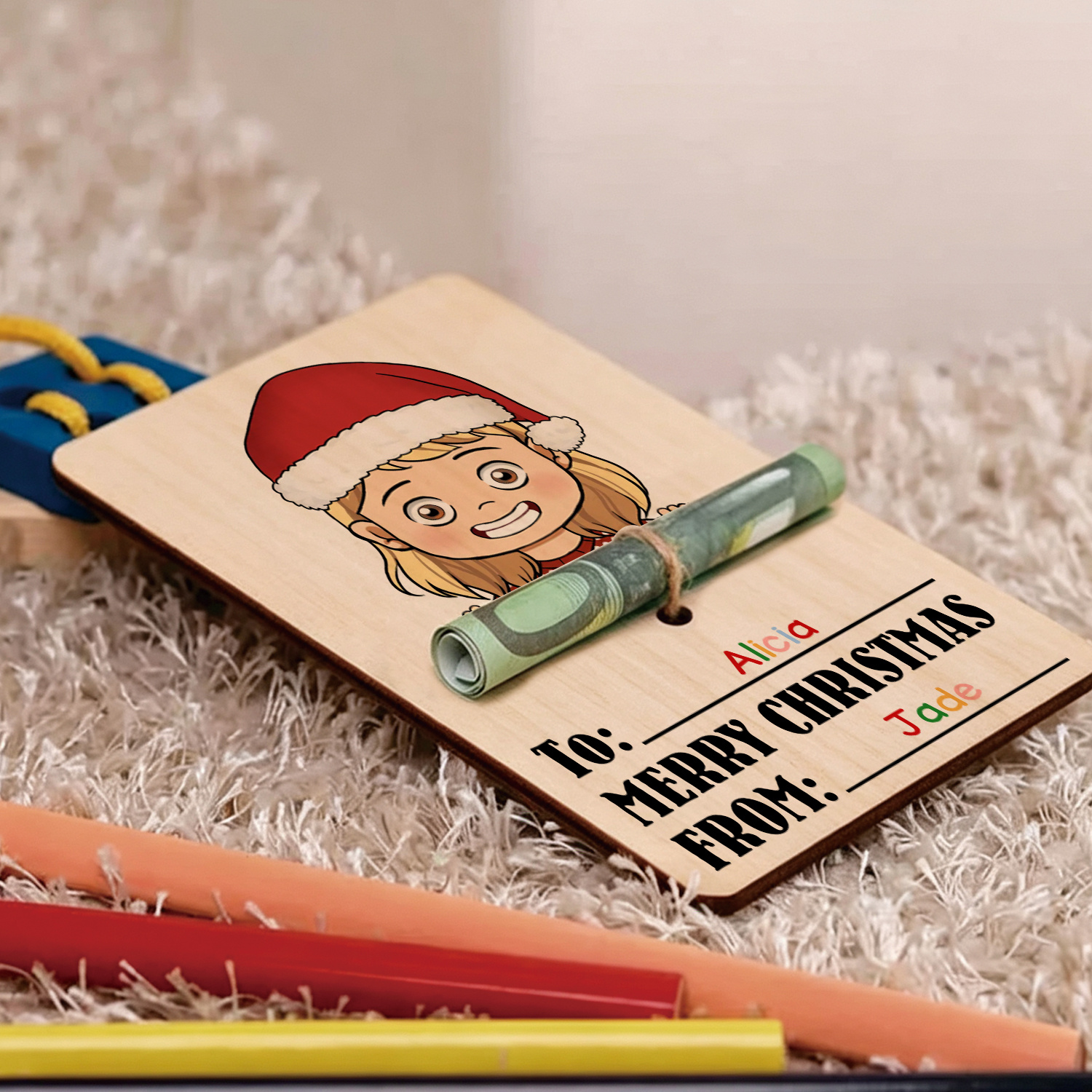 Personalized Wooden Christmas Money Holder with 2 Names Cash Gift Card for Child