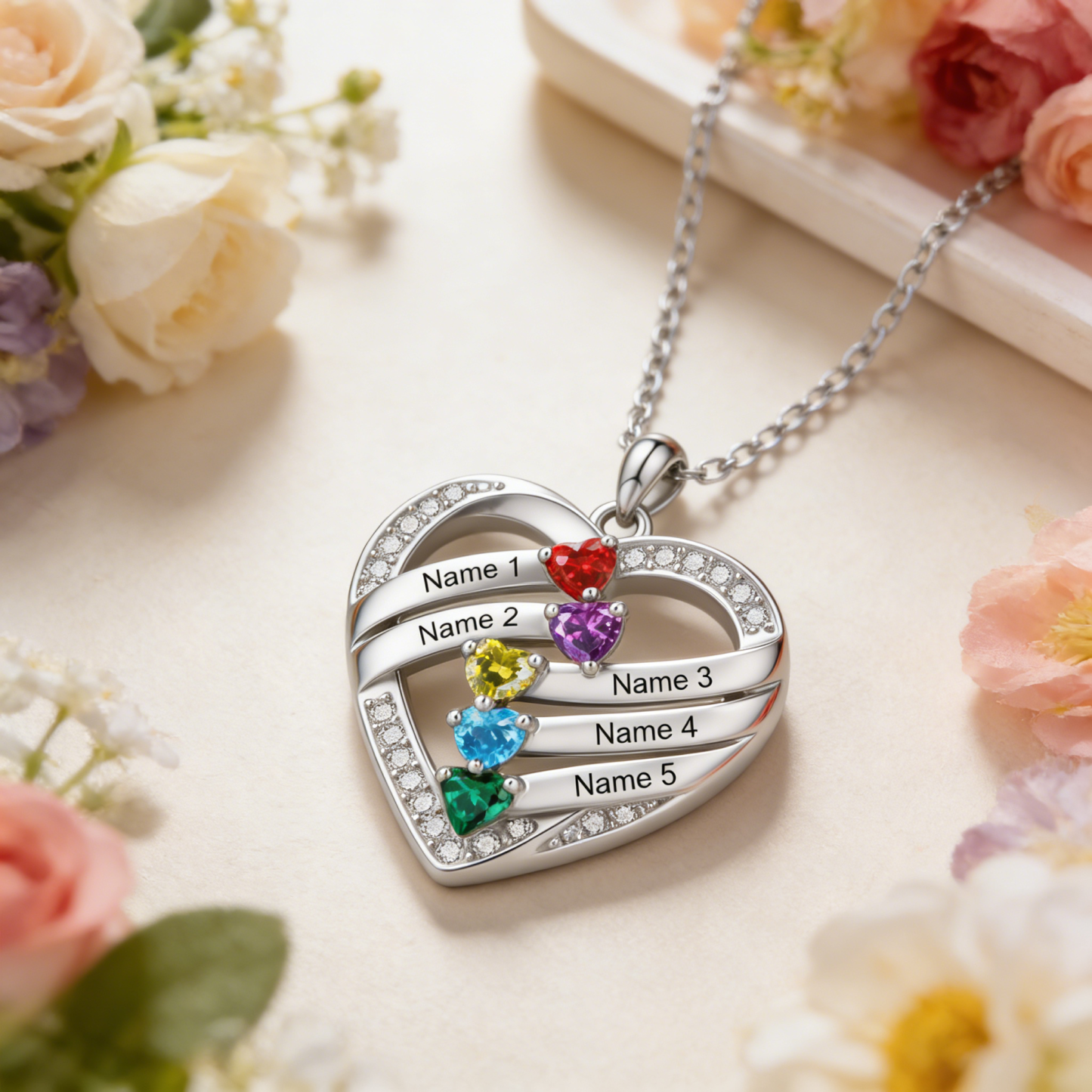 Personalized Heart Birthstones Necklace Custom With 3–5 Children’s Names