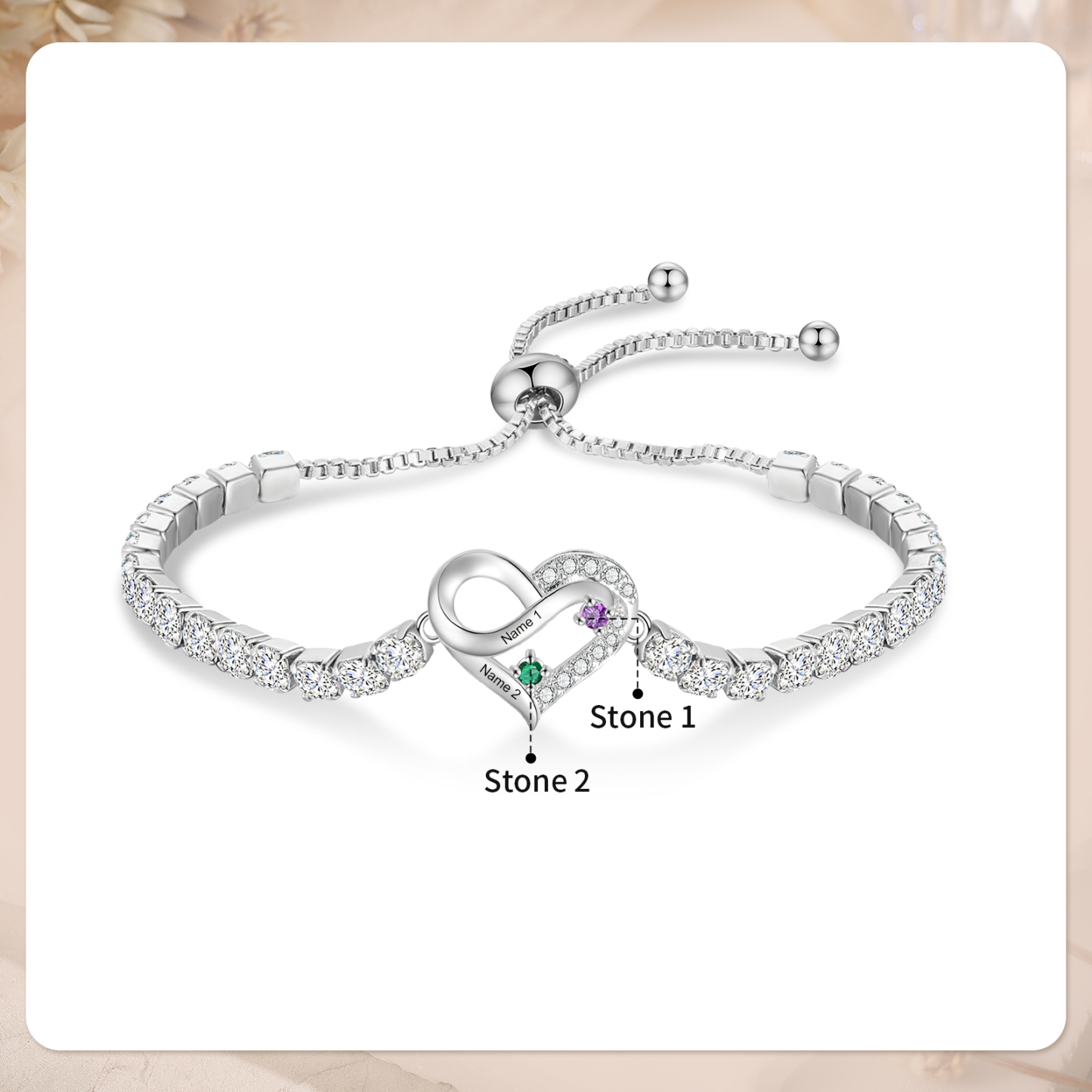 Personalized Infinity Heart Tennis Bracelet with 2–4 Names and Birthstones