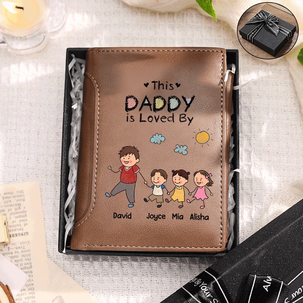 Personalized Leather Wallet For Dad Grandpa Custom With 1–8 Names And Child Figures