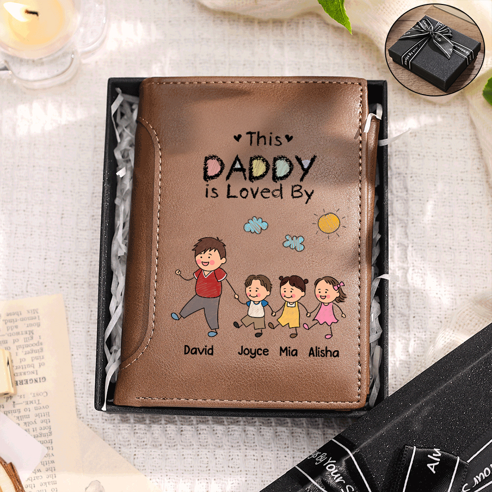 Personalized Leather Wallet For Dad Grandpa Custom With 1–8 Names And Child Figures