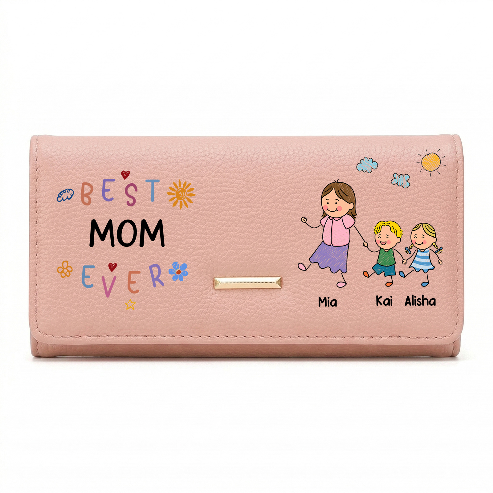 Personalized Leather Wallet Best Mom Ever Family Custom With 1-8 Names and Kids