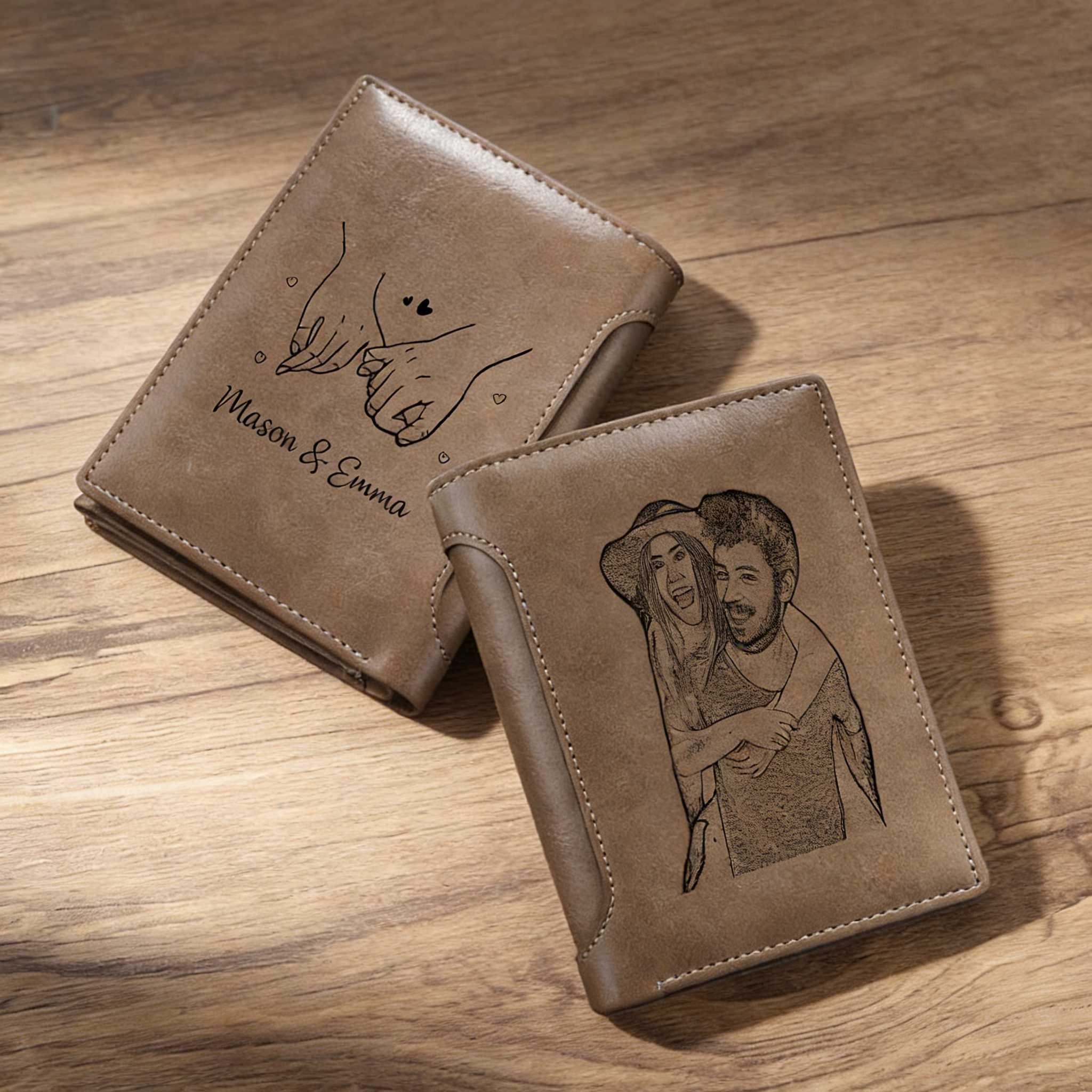 Personalized Men's Leather Wallet with Photo Couple's Pinky Promise Trifold Wallet